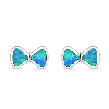 Bow Stud Earrings Lab Created Blue Opal 925 Sterling Silver (5mm)